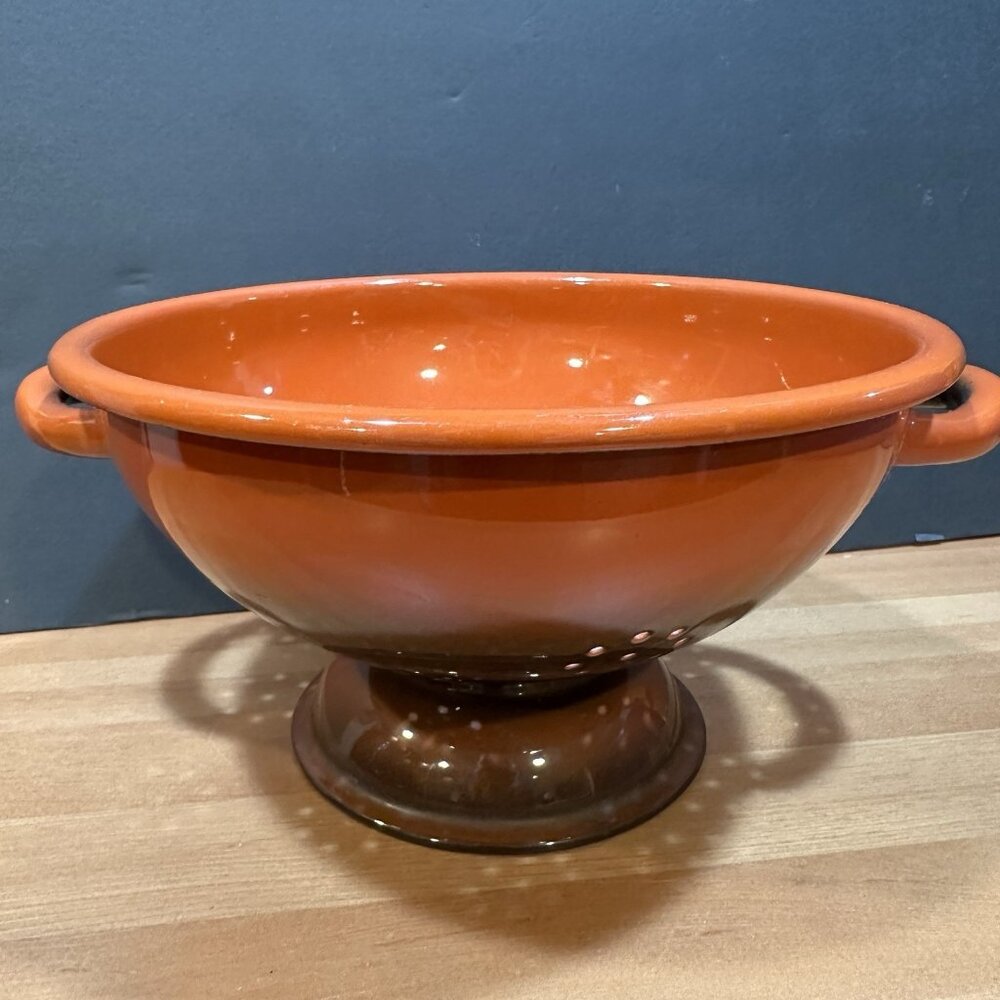Vintage Orange Ombre Enamel Pedestal Colander Strainer 9.5” MCM